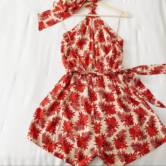 PRICE FIRM - Topshop Red Tropical Print Halter Romper - Picture 9 of 13